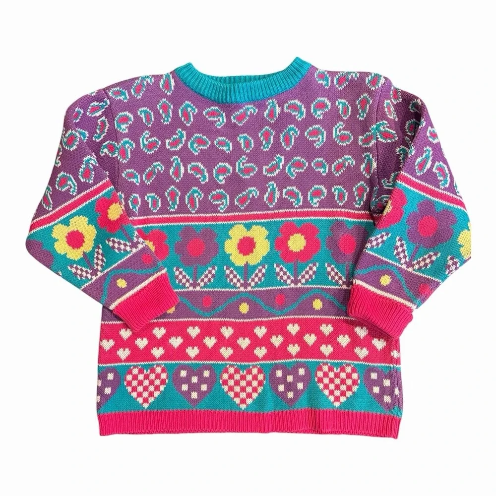 Vintage Gymboree Girls Purple Sweater Sz Medium 1994 Winter Floral Paisley Line